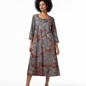 5 Ateliers Midi Dress XL Orange Floral Print A-Line Lagenlook Boho Cottagecore